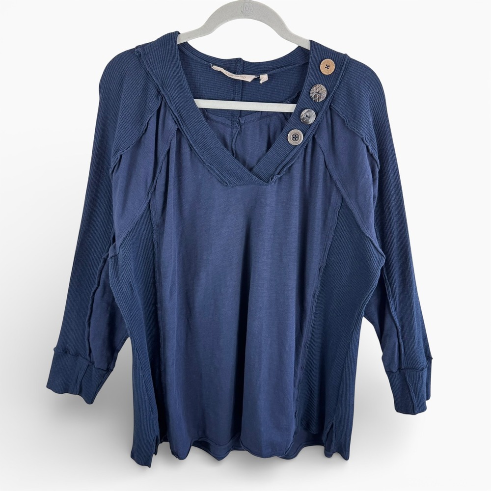 Soft Surroundings Navy Blue Cotton Mixed Ribbed Knit Button Detail V-Neck Top 2X